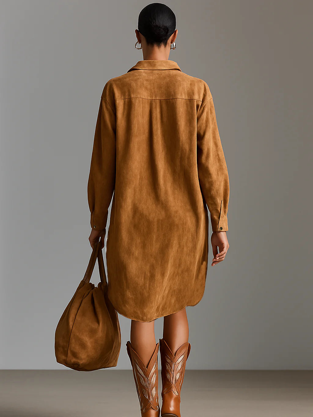 Sybil | Loose Lapel V-Neck Printed Long-Sleeved Midi Dress