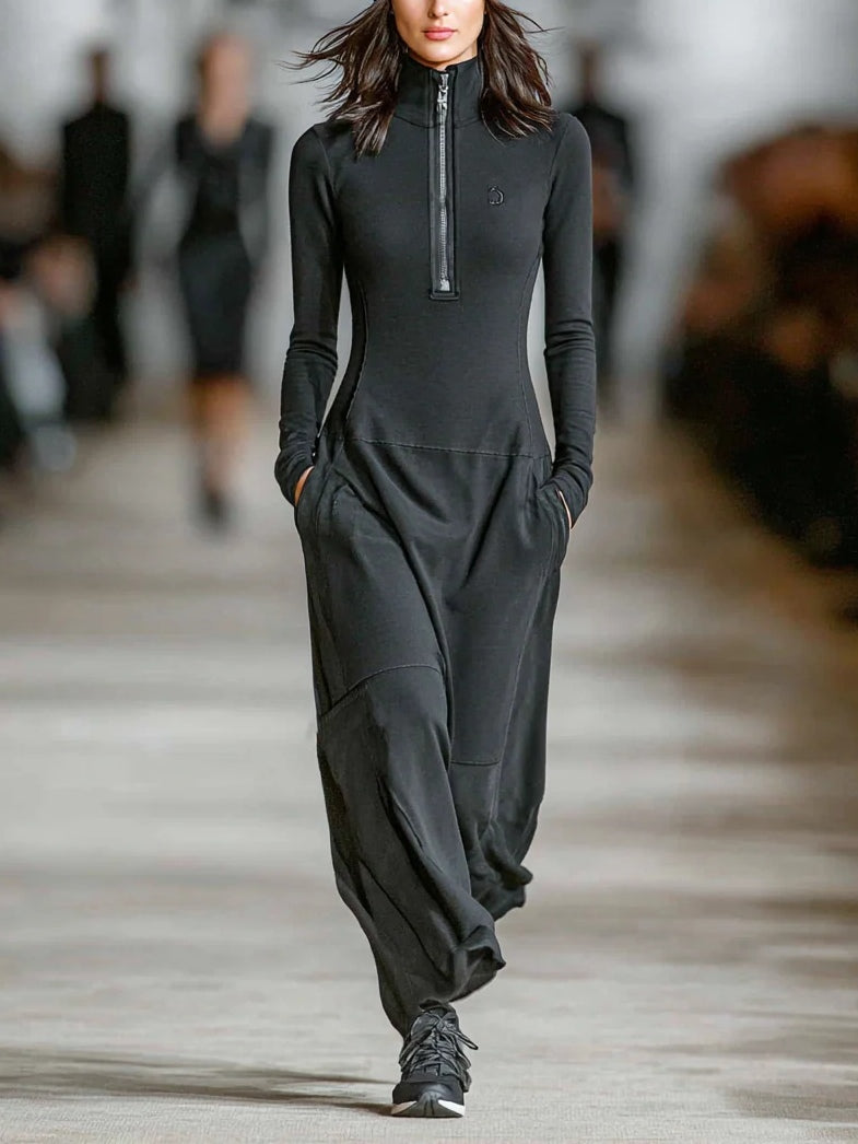 Luna™ | Turtleneck Zip-up Loose-fitting Casual Maxi Dress